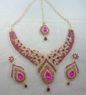 NS070 Indian Bollywood Gold Pink Crystal Jewellery set Necklace Earring and Tikka